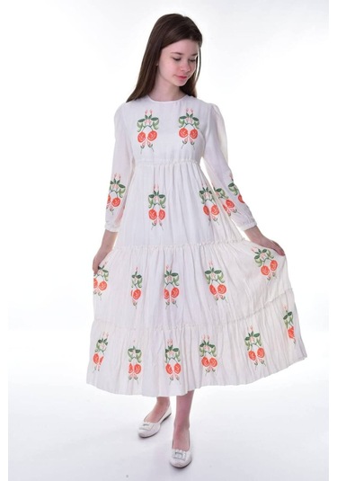 Kız Çocuk Pamuklu Keten Uzun Boydan Astarlı Elbise Koyu Turuncu-krem