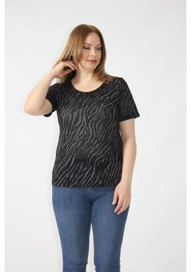 3284 Sırtı Dantel Detaylı Viskon Penye Desenli Bluz Siyah-krem