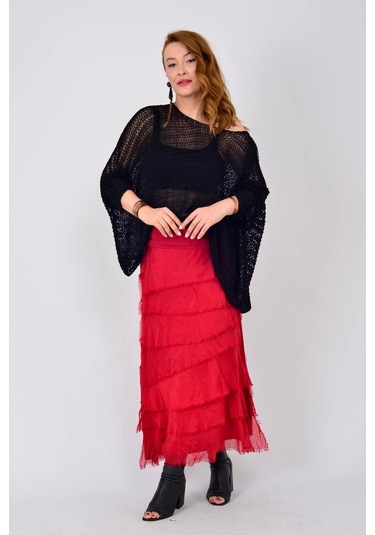 İtalyan 2 Beden Ince Gösteren Kat Kat Ipek Etek & Straplez Elbise Kırmızı