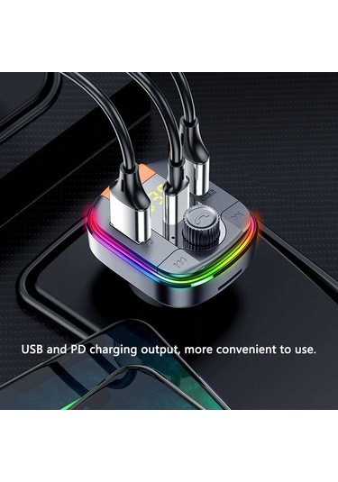 Lemestar Siyah Araç Bt5.0 Fm Transistörü - Mp3 Çalar, Renkli Atmosfer Lambası, Ellerden Kurtulmuş Arama, Tf Kart/usb Destekli, Voltaj Tespiti