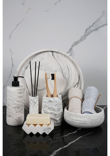 Betonmall 6 Parça Mermer Desenli Beton Banyo Seti Katı Sıvı Sabunluk Diş Fırçalığı Havluluk Tütsülük Tepsi - Gri Gri