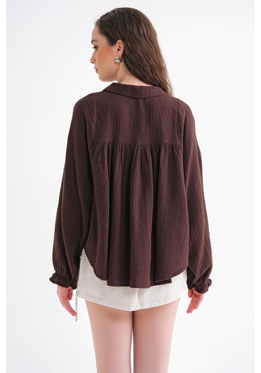 4677 Kadın Dantel Detaylı Müslin Gömlek Kahve Kahve