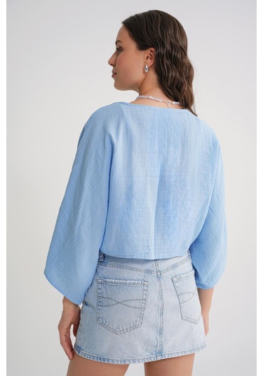 4723 Kadın Önü Bağlamalı Bolero Bluz Bebe Mavi Bebe Mavi