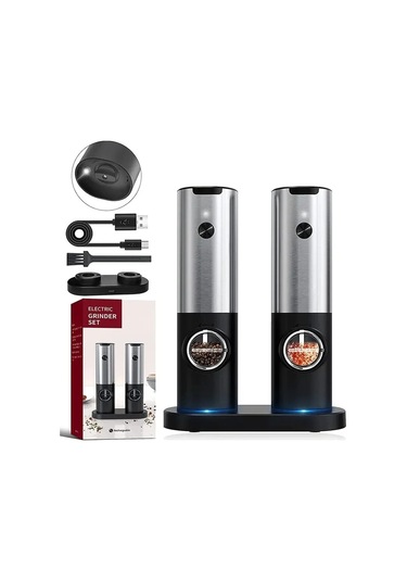 Myinkai 2pcs Usb Şarj Edilebilir Elektrikli Tuz Karabiber Gümüş - Siyah