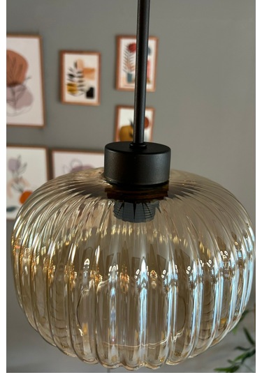 Mola Cam Bal Rengi Tekli Avize Ince Siyah Başlık Retro Sarkıt Lamba Restoran Salon Aydınlatma Bal