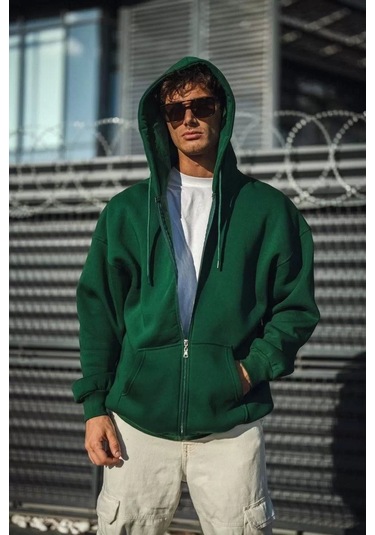 Oversize Tam Fermuarlı Uzun Kol Hırka - Haki Haki