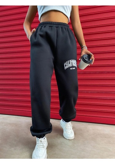 California West Coast Eşofman Altı Jogger - Siyah Baskılı Lastik Paça Yüksel Bel Siyah