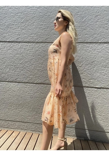Meissa Fashion Bisiklet Yaka Elbise Çiçekli Askılı Yazlık