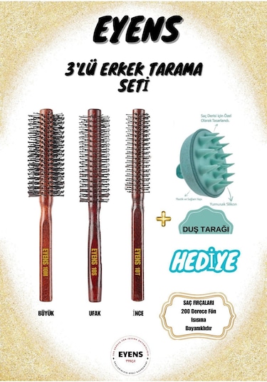 Eyens 3'lü Erkek Tarama Seti + Duş Masaj Tarağı Saç Fırçaları 200 Derece Fön Isısına Dayanıklıdır