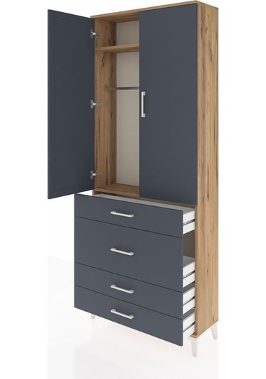 Arges Dolap 2 Raflı 4 Çekmeceli Tek Askılı 88x30x221 Çam-antrasit Atlas Çam