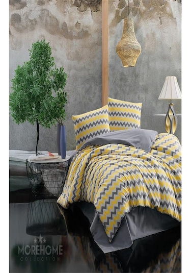 More Home Lastikli Çarşaf Çift Kişilik Nevresim Takımı Zikzaklı Beyaz Gri Sarı Kombin Sarı - Antrasit