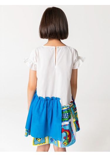 Sheshe Yarım Kollu Pamuklu Balık Desenli Kız Çocuk Elbise Renkli