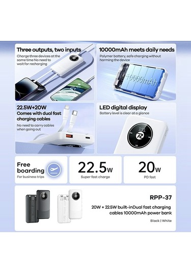 Tongxida Remax Rpp-37 10000mah Güç Bankası 20w+22.5w İphone Uyumlu Android Çift Hızlı Şarj Dahili Kablolar Beyaz Beyaz