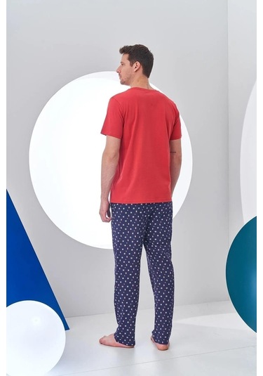 Pjs 24307 Erkek Bordo V Yaka Yelken Baskılı Kısa Kol Pijama Takımı Bordo