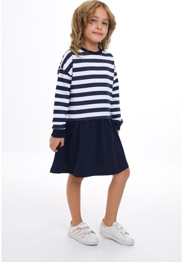 Toontoy Kız Çocuk Bisiklet Yaka Çizgili Elbise Lacivert