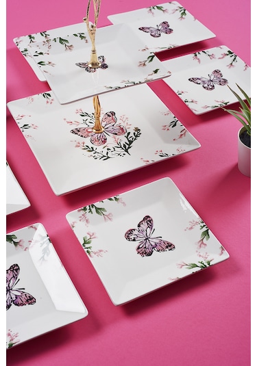 Piatti Naturali İkram Seti Kelebek Çift Katlı Sunum Tabağı & 6 Lı Tatlı Tabağı