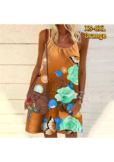 Turuncu Kadınlar Çiçek Üç Güzel Güller Baskılı Mini Elbise Kolsuz Parti Elbise Yaz Plaj Elbise Sundress