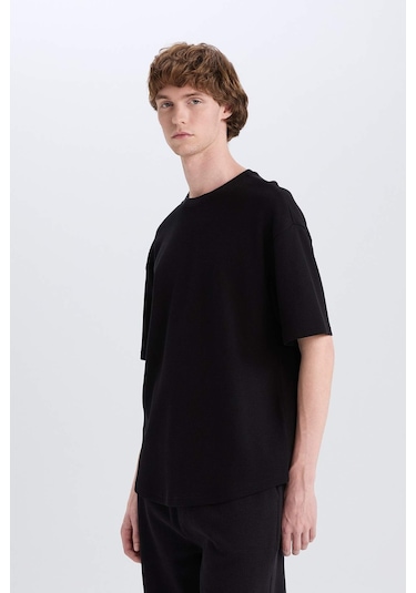 DeFacto Boxy Fit Bisiklet Yaka Kısa Kollu Basic Düz Waffle Siyah Tişört B4443AX24AUBK81