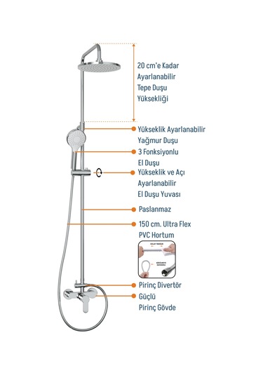 Adell Lento Rain Duş Sistemi Krom - Duş Bataryası Dahil Krom