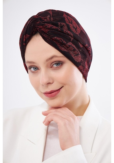 Bordo Simli Büzgülü Tesettür Bone Jakar Çiçek Desenli 2317 16 Bordo