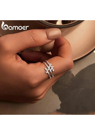 Bamoer 925 Ayar Gümüş Çok Katmanlı Yaprak Yüzük Şanslı Yapraklar Bildirim Yüzüğü Kadınlar İçin Söz Yüzüğü Moda Takı 7