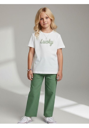 Zekids Kız Çocuk Lucky Baskılı Pamuklu T-shirt-16886 Ekru