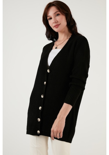 Lela Regular Fit V Yaka Düğmeli Triko Örme Uzun Bayan Hırka 4615044 Siyah