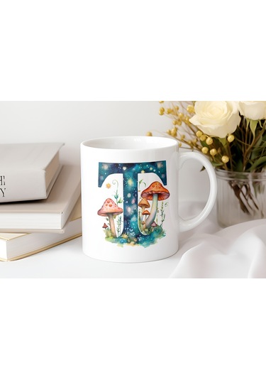 T Baş Harfi Fantastik Mantarlı Kupa Bardak - Kişiye Özel Masalsı Bardak - Hediye Beyaz