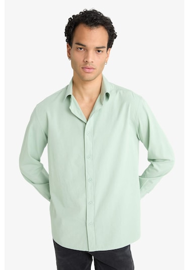 Defacto Regular Fit Polo Yaka Dokuma Uzun Kollu Gömlek F6341ax25augn1135 Yeşil