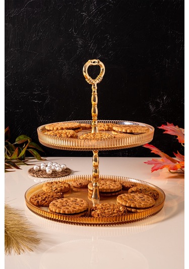 Mest Lüsterli 2 Katlı Cam Pasta Tabağı 21 Cm Lüsterli