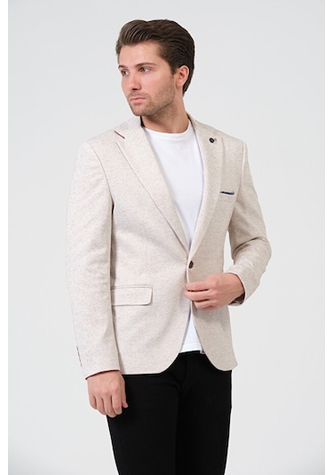 Bonesti Erkek Slim Fit Blazer Ceket Krem Kahve Benekli