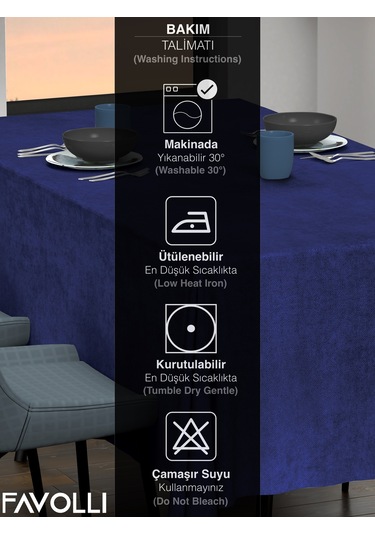 Kadife Dokulu Safir Renk Masa Örtüsü Safir