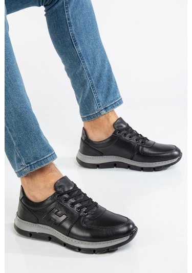 Hakiki Deri Erkek Günlük Ayakkabı Siyah H Model Eva Taban-3479 Siyah