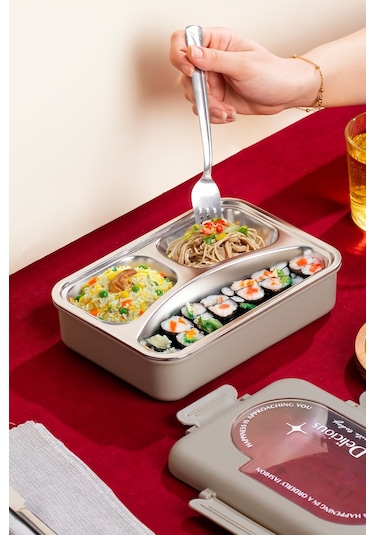 Porsima 3010-1 Paslanmaz Çelik 3 Bölmeli Vakumlu Yemek Termosu Beslenme Kutusu Taşınabilir Lunch Box Sefer Tası - Kahve