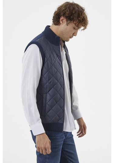 Fermuarlı Yarım Balıkçı Önü Kapitone Triko Yelek - Lacivert 001