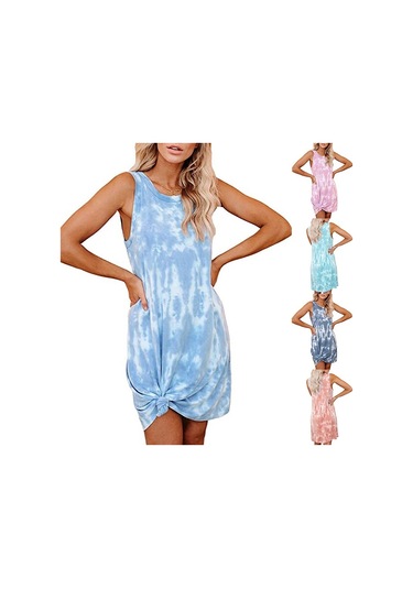 Sones Bayanlar İçin Batik Baskılı Gevşek Yuvarlak Yaka Yelek Elbise Orta Boy A Kesim Etek Turuncu Kırmızı