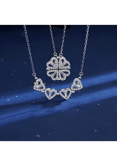 Ervanur Zirkon Taşlı Çoklu Kalpli Açılır Kapanır Mıknatıslı Yonca Kolye