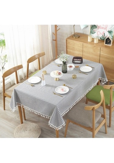 Mavi Buldan Keten Püsküllü Çi Zgi Li Masa Örtüsü