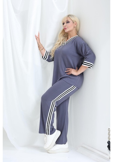 Şeritli Takım Oysho Modal Kumaş Şeritli Yumuşak Dokulu M-6xl Gri