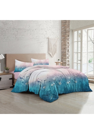 Monohome Soft Blue Luxury Çift Kişilik Pamuk Saten Nevresim Takım Mavi