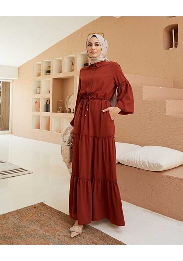 6567-büzgülü Bağcıklı Elbise Kiremit Kiremit