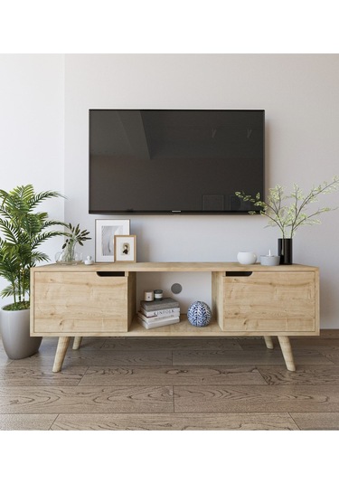Siena Ahşap Ayaklı Tv Ünitesi Safir Meşe Televizyon Konsolu 140 Cm Ekonomik Modül Sehpa