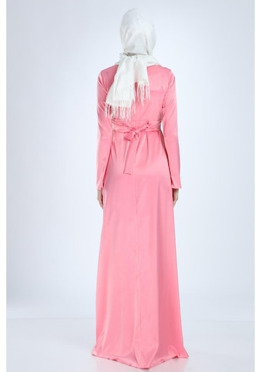Moda Labio Modalabio Saten Tesettür Incili Pembe Hamile Elbise