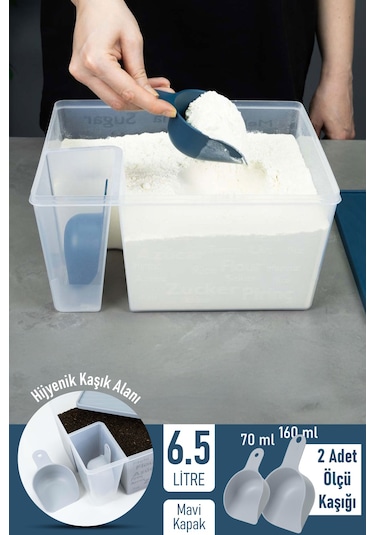 İronika Ölçü Kaşıklı Un Şeker Deterjan Saklama İstifleme Kabı Ölçülü Saklama Kutusu 6.5 Litre Mavi Mavi