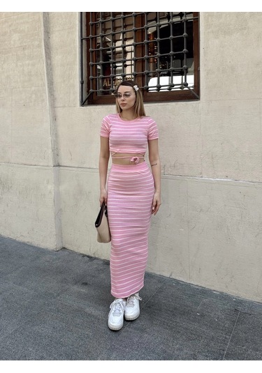 Biçomi Çizgili Etekli Takım Pembe S3609 Pembe