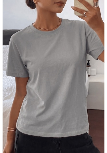 Genıus Store Kadın Tişört Gri Bisiklet Yaka Basic Tişört %100 Pamuk Rahat Kalıp T-shirt Basıc-kadın