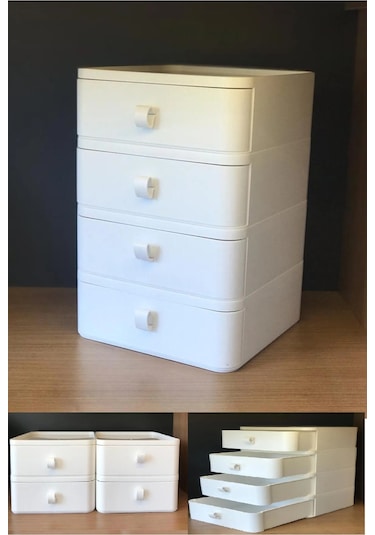 Bayev 4'lü Çekmeceli Takı, Makyaj Ve Kozmetik Düzenleyici Çekmece Beyaz , Ofis Masa Düzenleyici