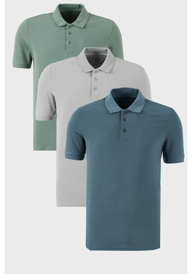 Buratti Pamuklu Regular Fit Düğmeli Polo Yaka 3'Lü Paket Erkek T Shirt 5902127S3 Elma Yeşili-Kül-Petrol