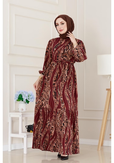 Sevitli Leopar Desenli Beli Tünelli Viscon Elbise-bordo-5087 Bordo