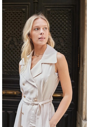 Kadın İpeksi Modal Likrasız Kumaş Anvelop Kruvaze Yakalı Cepli Bağcıklı Midi Boy Diz Altı Elbise-bej Bej